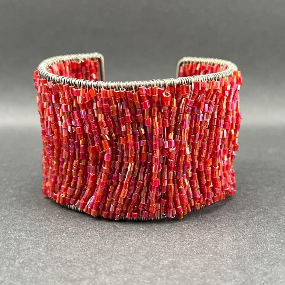 Boho Beaded Bracelet Red Iridescent Bugle Beads Wire Wrapped Cuff 7.5"
